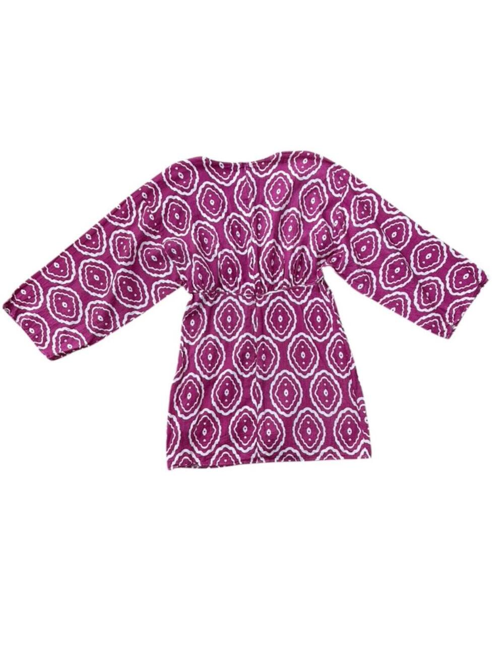 Zara Fuschia Pink and White Print V Neck Beaded Linen Blend Mini Dress